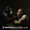 An image of a man reaching for a chimpanzee