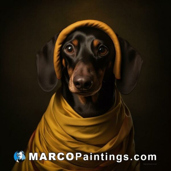 An image of a picture of the dachshund covered with a yellow scarf