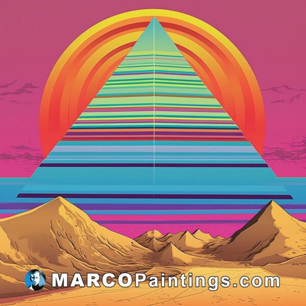 An image of a pyramid with mountains and the sun behind it