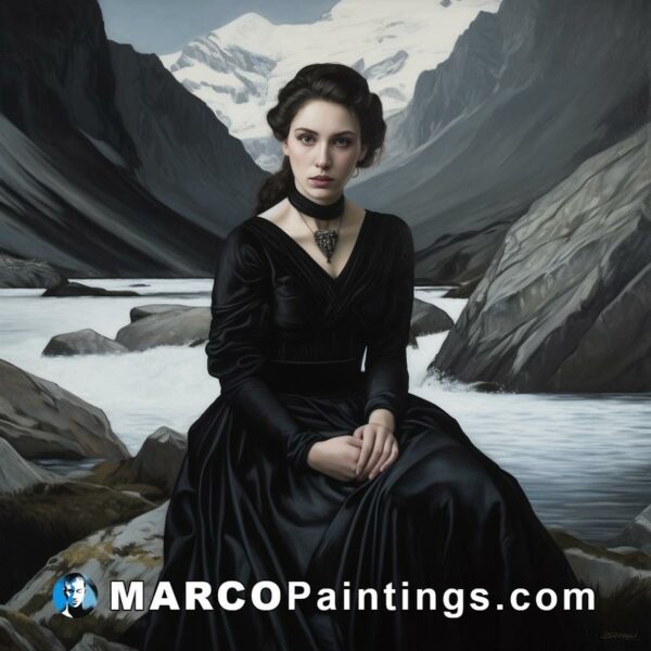 An image of a woman in black sitting in a mountain