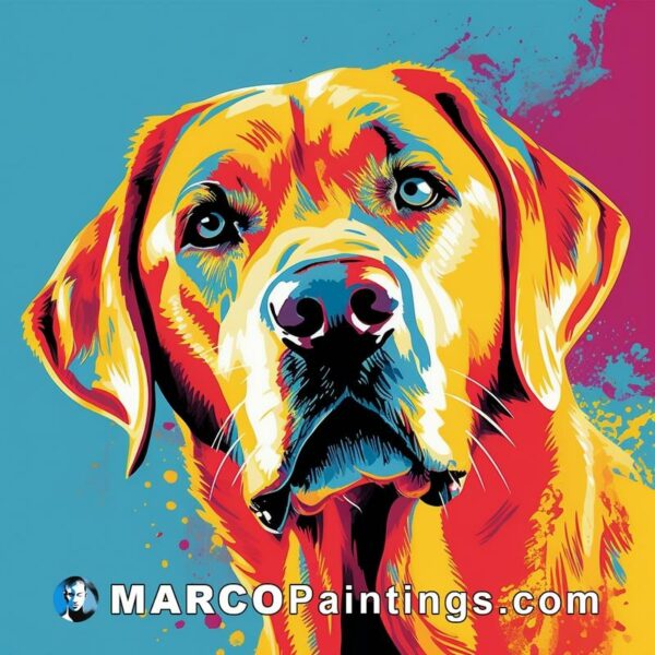 An image of a yellow labrador dog in a colorful background
