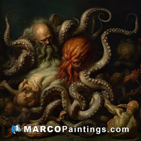An image of an old man with his octopus and another person surrounded by them