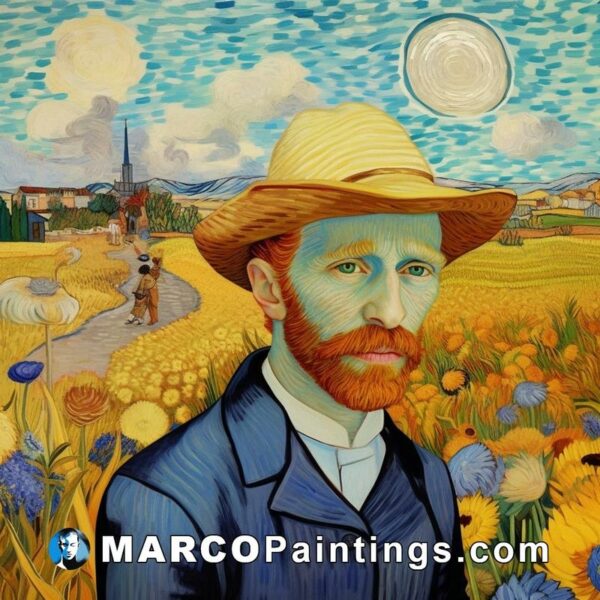 An image of the painting of a man in a field surrounded by sunflowers