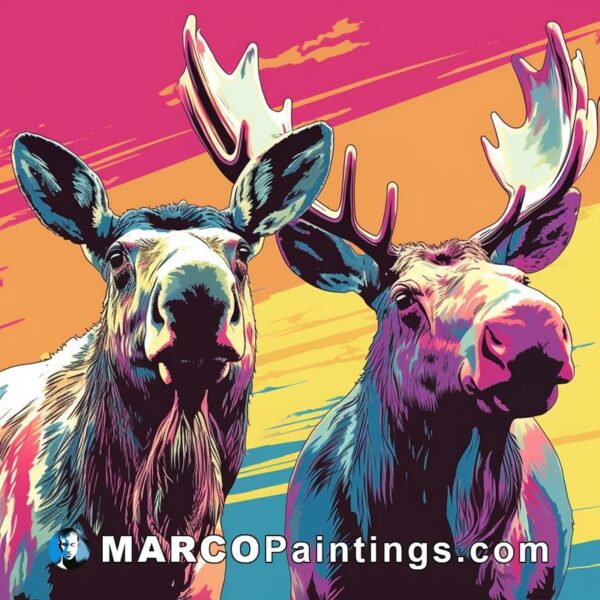 An image of two moose on a colorful background