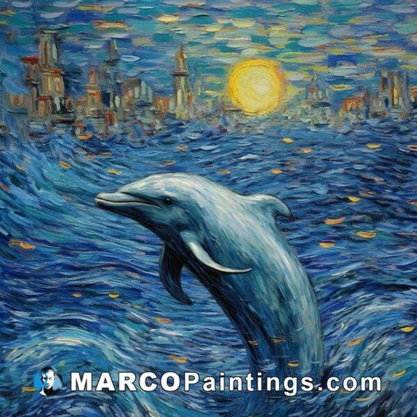 An incredible painting of a dolphin in the water with a city in the background
