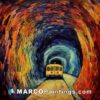 An interesting painting featuring a train driving through a tunnel which has an uneven floor