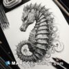 An intricate drawing of a sea horse on paper