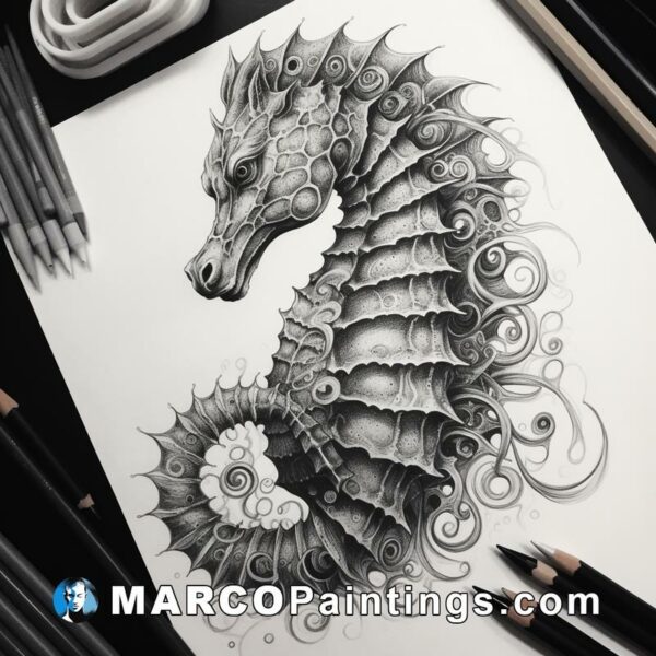 An intricate drawing of a sea horse on paper
