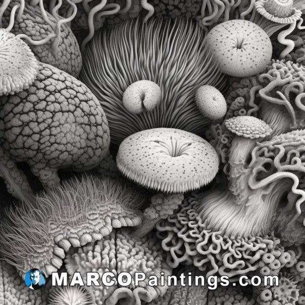An intricate drawing of different mushrooms