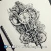 An intricate mechanical drawing with pencil on a paper