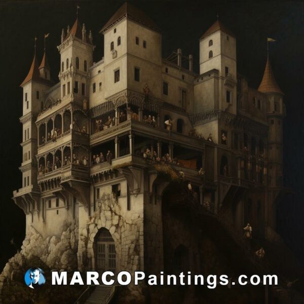 An intricate painting of a castle with stairs on one side