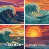 An ocean sunset with waves in four styles
