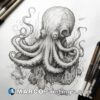 An octopus drawing is sitting along with a pencil