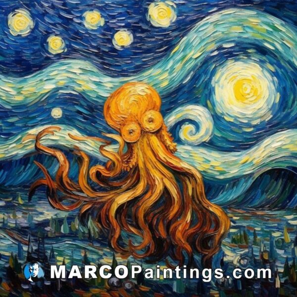 An octopus painting painted with starry sky and night