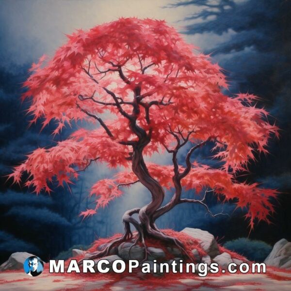 An oil on canvas of a red tree in a dark background