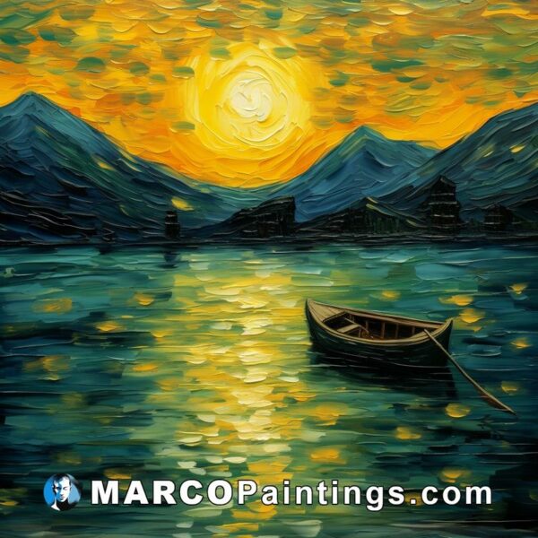 An oil on canvas painting of a boat near a sunrise