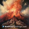 An oil on canvas painting of the volcano at the top of a mountain