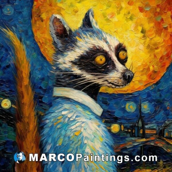 An oil paint picture of a raccoon in a blue dress at an evening moonlight