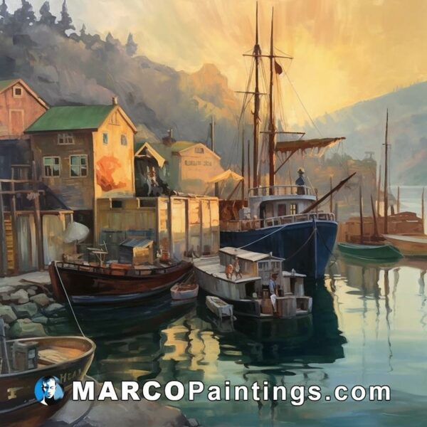An oil painted depiction of boats docked at the harbor