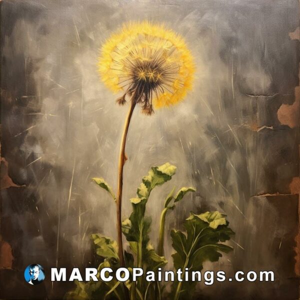 An oil painting dandelion with a brown background and leaves