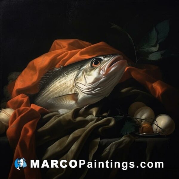 An oil painting depicting a fish under a red cover and some eggs