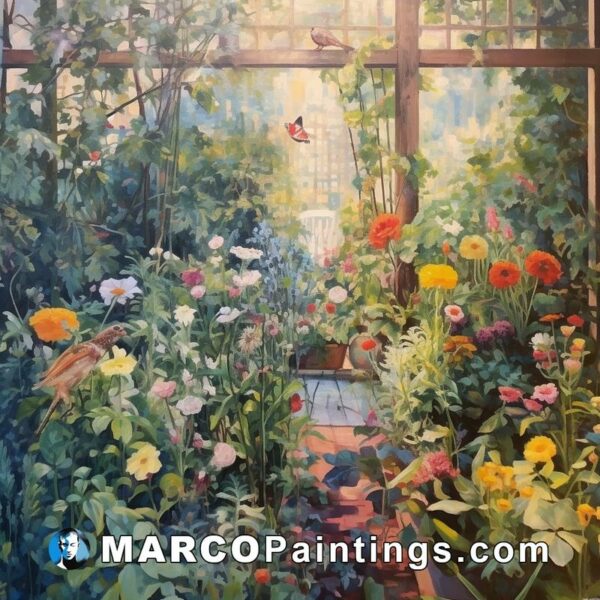 An oil painting depicts a garden filled with flowers