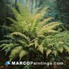 An oil painting featuring ferns in the rainforest