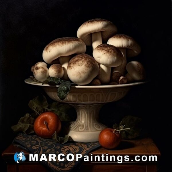 An oil painting featuring mushrooms and tomatoes