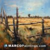 An oil painting of a barren field and a barbed wire fence