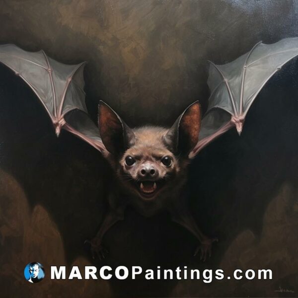 An oil painting of a bat fly out owing wings in the air