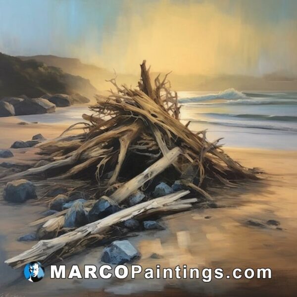 An oil painting of a beach pile next to the sun