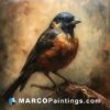 An oil painting of a bird siting on a branch