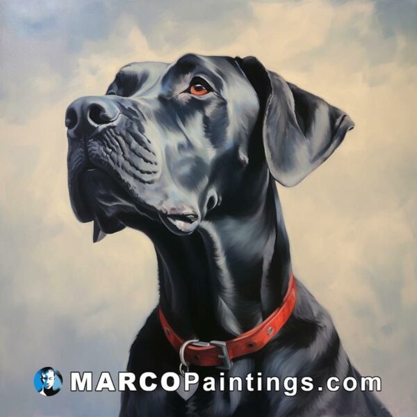 An oil painting of a black dog looking away