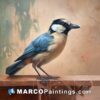 An oil painting of a blue and black bird