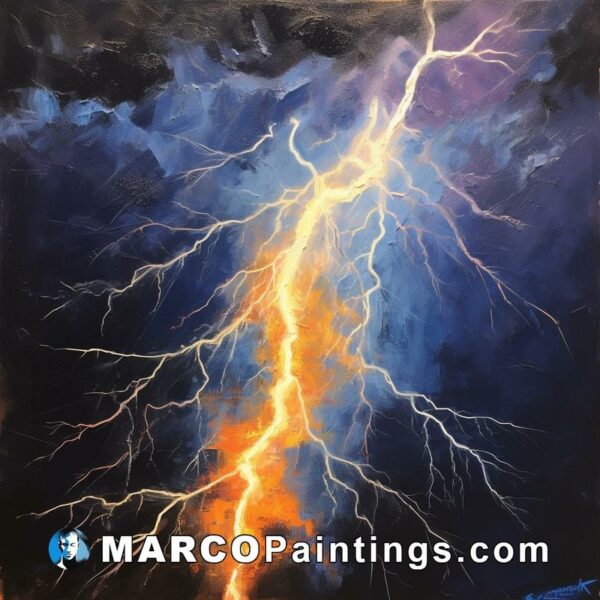 An oil painting of a blue flame with blue and orange lightning