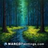 An oil painting of a blue stream in the forest