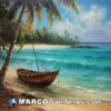 An oil painting of a boat on the beach around palm trees