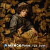 An oil painting of a boy sitting in piles of leaves