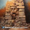 An oil painting of a building with bricks sitting on it