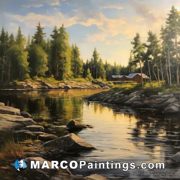An oil painting of a cabin with a river in the background