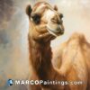 An oil painting of a camel with brown eyes