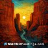 An oil painting of a canyon at sunset