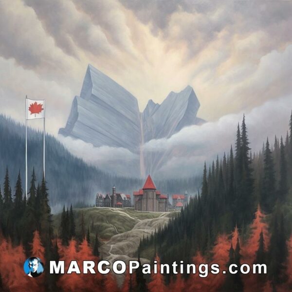 An oil painting of a castle in the distance of mountains and trees with a flag around it