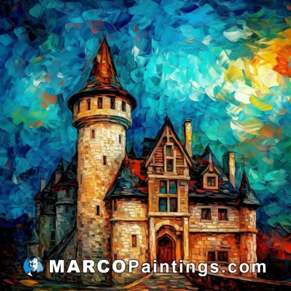 An oil painting of a castle in the evening