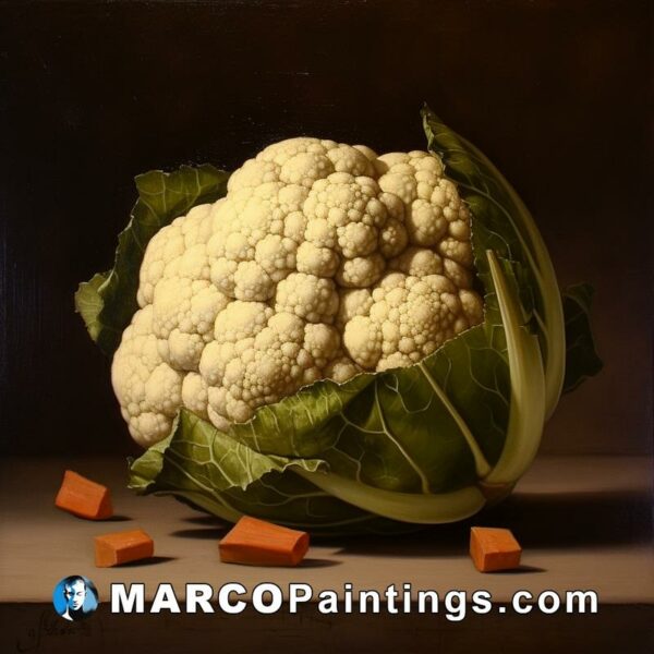 An oil painting of a cauliflower with blocks of white chocolate on it