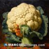 An oil painting of a cauliflower with leaves