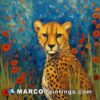An oil painting of a cheetah among red poppies