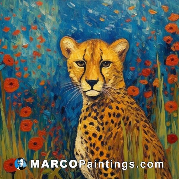 An oil painting of a cheetah among red poppies