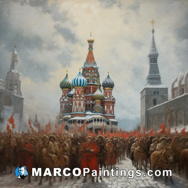 An oil painting of a church with a crowd of people