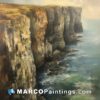 An oil painting of a cliff above the ocean